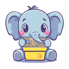 Cute elephant eating noodles; illustration for kids' food packaging