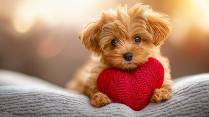 adorable puppy holding a red heart symbolizing love and affection for valentine’s day cards and pet-themed designs