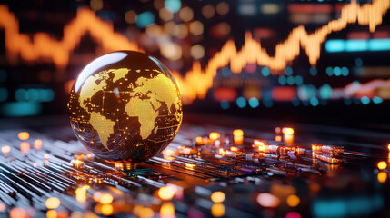 digital globe representing global investment trends with stock market graphs. vibrant colors and intricate details evoke sense of innovation and financial growth