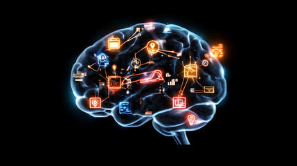 Obraz premium illustration of a digital brain with glowing icons representing artificial intelligence and neural networks, symbolizing the integration of technology