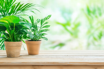 Fototapeta premium Potted plants sitting on wooden table with blurred green foliage background