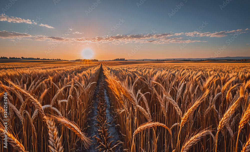 Poster a field of golden wheat with a sun in the sky. the sun is setting and the sky is a mix of orange and
