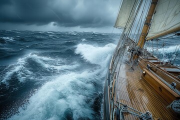 Obraz premium majestic sailboat battling fierce storm waves, dramatic lighting illuminates wet deck ropes and wooden planks, metal fixtures gleaming, ocean spray and dark clouds create intense atmosphere