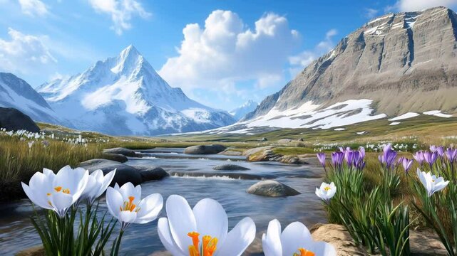 A breathtaking mountain scene with a clear, flowing stream surrounded by blooming white and purple crocuses, patches of snow, and towering peaks