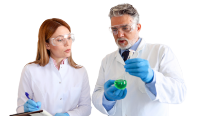 Scientist and his young colleague talking about their research	