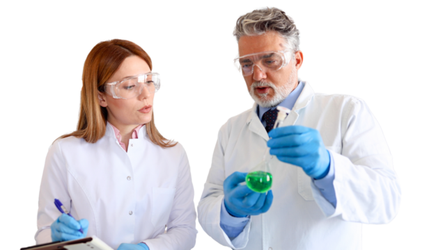 Scientist and his young colleague talking about their research