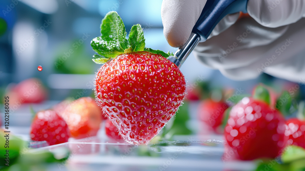Aufkleber close up view of fresh strawberry being examined with tool, showcasing its vibrant red color and dro