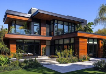 Fototapeta premium Modern architectural masterpiece featuring large glass windows, sleek wooden facades, and lush landscaping in a bright and sunny residential setting