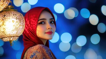 Naklejka premium Woman in red hijab with lamp