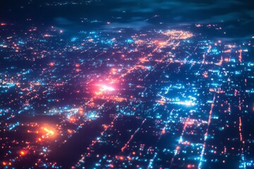 Obraz premium Aerial View Of City Lights At Night Showing Red And Blue Hues