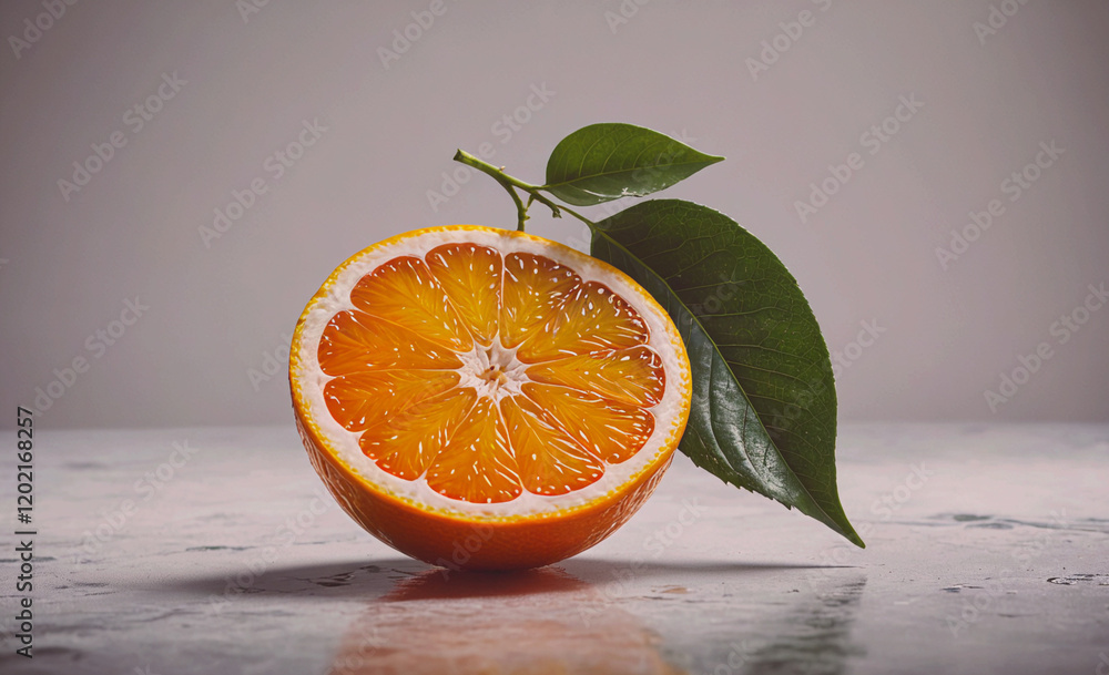 Poster a slice of orange with a leaf on top. the orange is cut in half and the leaf is on the right side