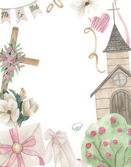 Watercolor wedding frame. Hand drawn illustration on white background