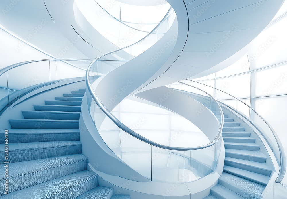 Poster modern architectural spiral staircase in bright environment featuring smooth lines and curved design