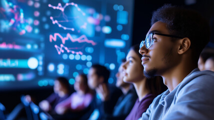 A diverse group of students in a lecture hall, intently watching a professor, as animated scientific data processing visuals