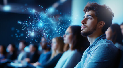 A group of students sit attentively in a lecture hall, with an animated overlay of scientific data and graphs hovering above them, visualizing complex concepts.