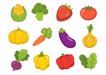  Vegetables and salad. Modern abstract minimal style. Healthy organic food. Tomatoes, onion, eggplant, leek, corn, peppers, beet. Vector illustration