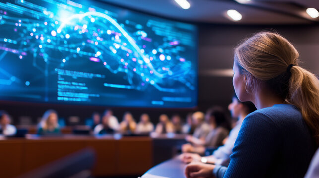 In a crowded lecture hall, students listen as dynamic scientific data processing animations appear above their heads, illustrating real-time analysis and calculations.