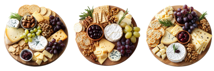 A Set of Sophisticated Artisan Cheese Boards with Grapes and Nuts for Gourmet Parties Isolated on Transparent Background