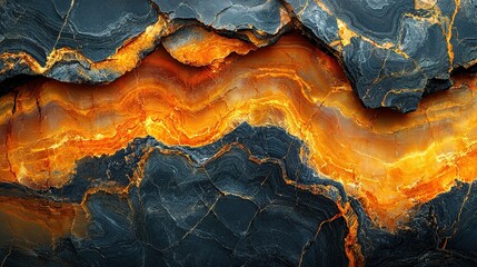 Obraz premium Black stone slabs reveal fiery orange mineral vein layers
