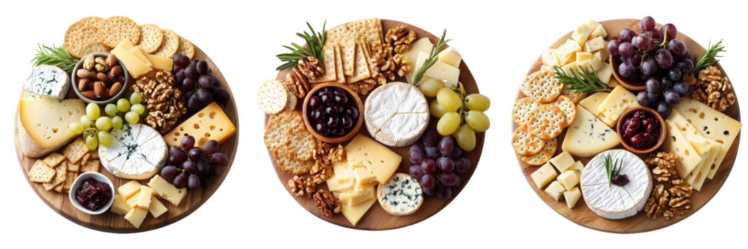 A Set of Sophisticated Artisan Cheese Boards with Grapes and Nuts for Gourmet Parties Isolated on Transparent Background