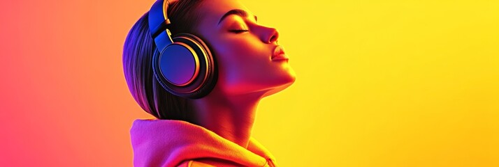 Profile of a young woman wearing a hooded sweatshirt, immersed in music with wireless headphones, bathed in vibrant neon lighting, creating a colorful and captivating portrait