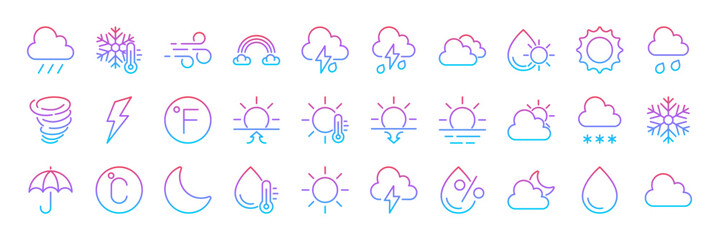 Weather and meteorology editable stroke outline icons set isolated on transparent background flat vector illustration. Pixel perfect. 64 x 64