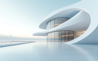 Fototapeta premium Modern Architectural Structure with Sleek Curved Design and Futuristic Aesthetic Set Against a Serene Sky and Reflective Surface in a Tranquil Environment