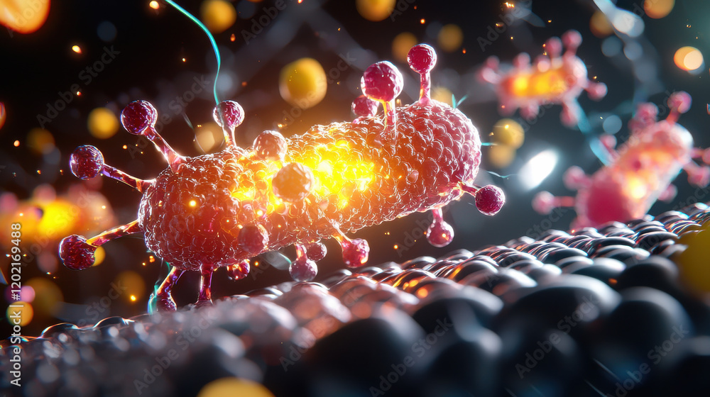 Poster cinematic view of living cell interacting with nanod particles, showcasing vibrant colors and intric