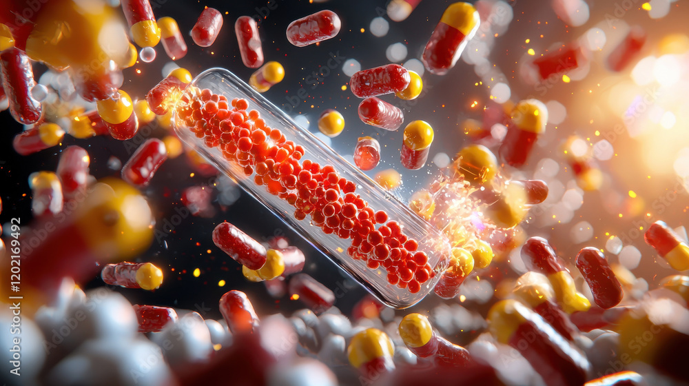Poster cinematic view of living cell interacting with nanodrugs, showcasing vibrant colors and dynamic move