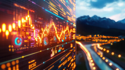 Fototapeta premium vibrant digital display shows financial data and graphs against scenic mountain backdrop, capturing essence of technology and nature