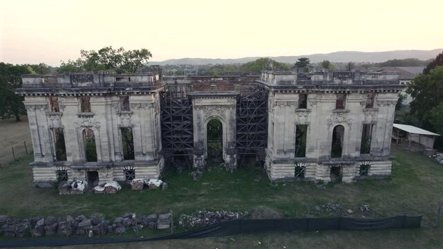 Ruins of Cantacuzino Palace, Petit Trianon of Floresti, Romania, rear entrance, drone footage