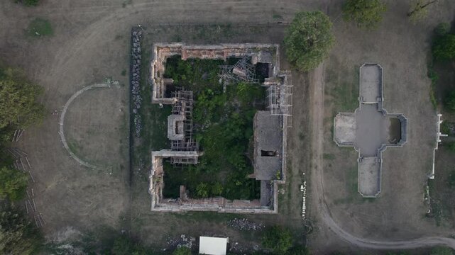 Ruins of Cantacuzino Palace, Petit Trianon of Floresti, Romania,seen from above with zoom in, drone footage