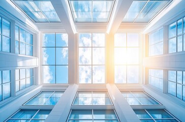 Fototapeta premium Modern Architecture View from Below Featuring Glass Windows and Bright Sky in Urban Environment