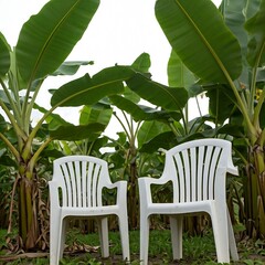 Two White Chairs in a Banana Plantation