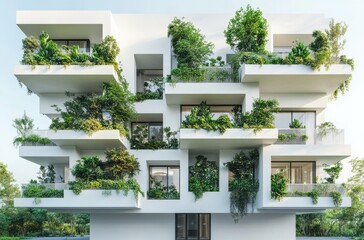Modern architecture with greenery, featuring a unique building design adorned with lush plants, balconies, and a striking white exterior aesthetic for residential living.