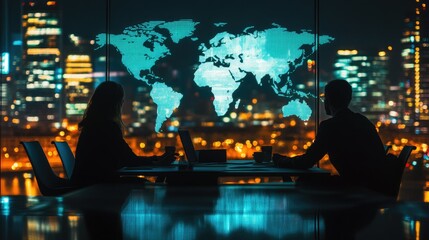 Silhouettes of business people sitting around a conference table in a modern office, with a large digital world map displayed on the glass wall behind them.