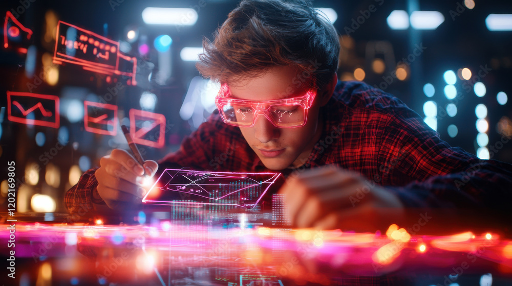Poster young entrepreneur analyzes data on futuristic interface, wearing stylish glasses. vibrant colors an