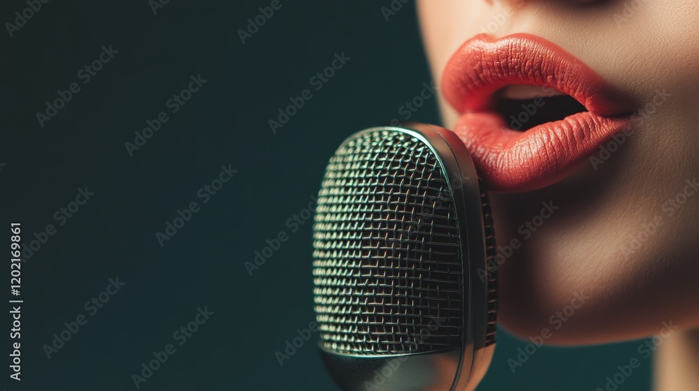 Poster close up of a singer's lips singing into a vintage microphone, capturing the essence of musical perf