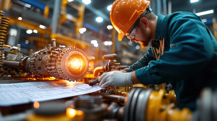 focused engineer examines blueprints in factory, wearing safety gear and hard hat. machinery glows, highlighting intricate details of equipment