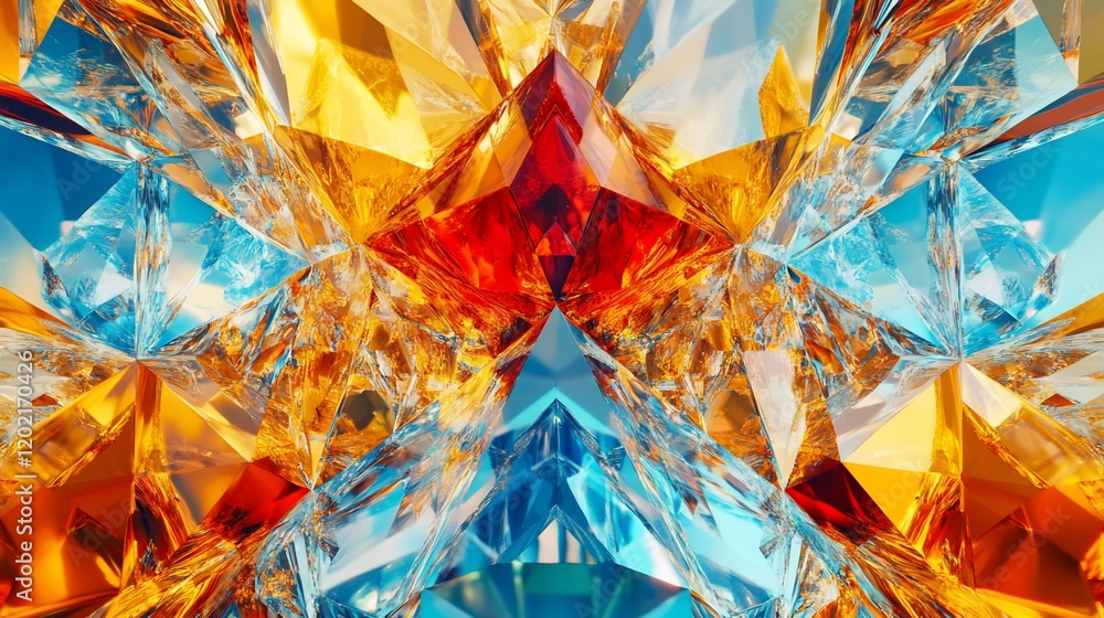 Poster abstract geometric pattern with sharp edges and vibrant colors of blue yellow and red