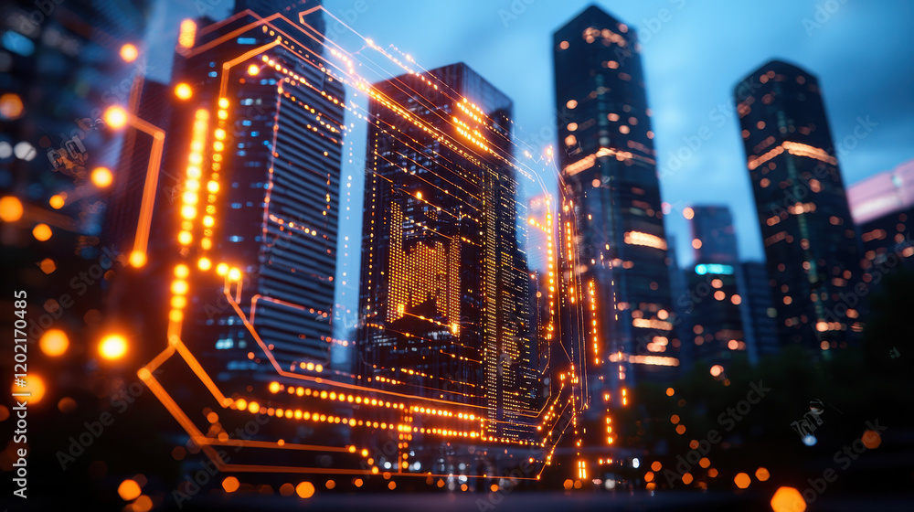 Poster cinematic view of urban skylines intertwined with digital elements, showcasing modern architecture and vibrant lights. scene evokes sense of innovation and technology