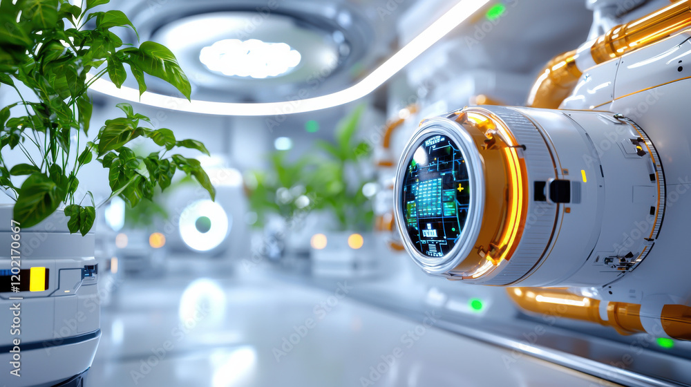 Poster futuristic lab featuring advanced technology and greenery, showcasing blend of nature and innovation