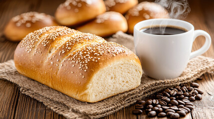 Fresh loaf of bread with sesame seeds, coffee cup, and coffee beans create cozy breakfast scene. warm colors and textures evoke comfort and satisfaction