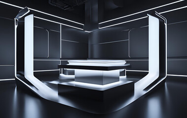 3d rendered black scientific stage with white neon lights geometric podium scifi stand, Futuristic and luxury empty stage center clean background
