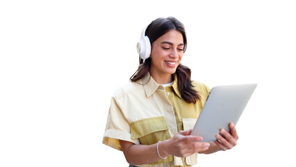 Beautiful, young Latin American woman with headphones using tablet