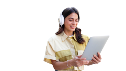 Beautiful, young Latin American woman with headphones using tablet