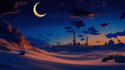 A peaceful desert scene with crescent moon and a mosque in the distance