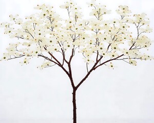 A vibrant dogwood tree with abundant white blooms, standing alone against a pristine white background