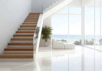 Fototapeta premium Modern Interior Design Featuring Bright Living Space with Elegant Staircase, Large Windows, and Scenic Ocean View in a Contemporary Home Environment