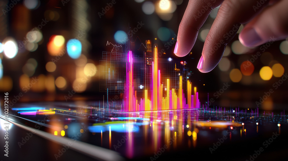 Aufkleber hand interacting with digital tablet displaying colorful data visualizations, representing technology and analytics in modern setting